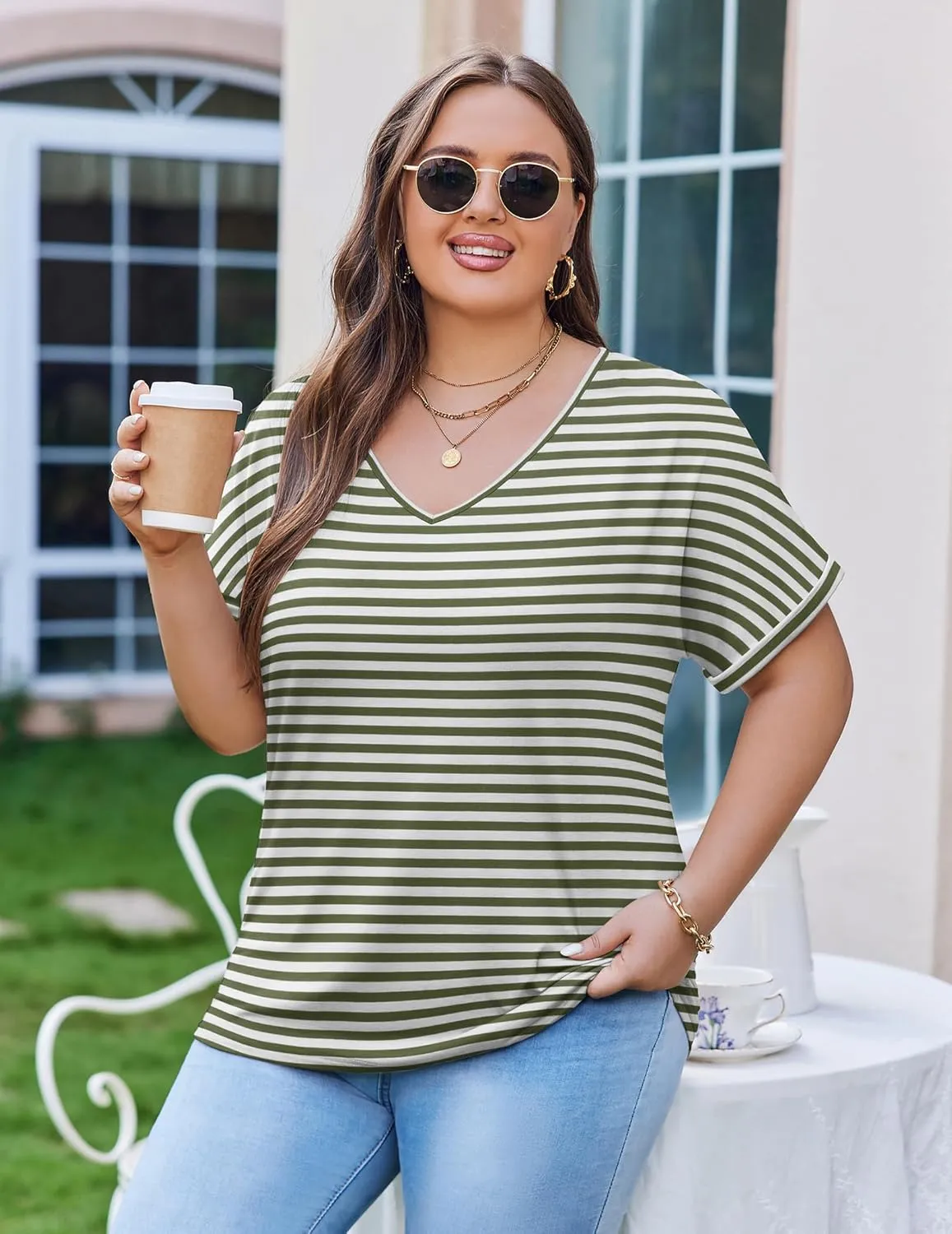IN'VOLAND Women's Plus Size Tops Short Sleeve Tee Shirt V Neck Loose Fit Striped Shirt Summer Casual Blouses