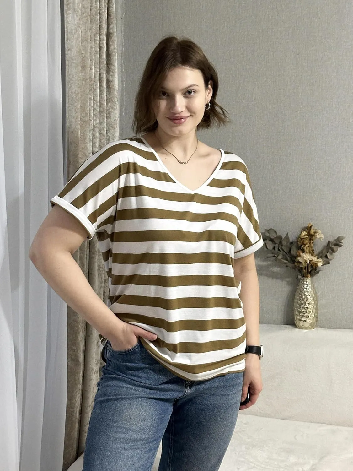IN'VOLAND Women's Plus Size Tops Short Sleeve Tee Shirt V Neck Loose Fit Striped Shirt Summer Casual Blouses