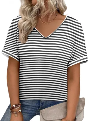 IN'VOLAND Women's Plus Size Tops Short Sleeve Tee Shirt V Neck Loose Fit Striped Shirt Summer Casual Blouses