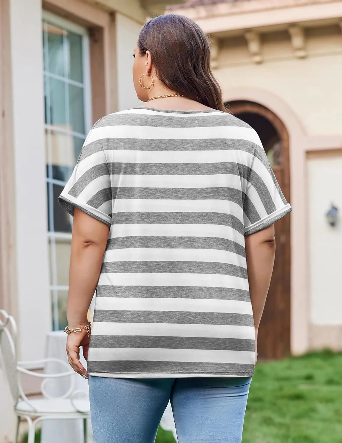 IN'VOLAND Women's Plus Size Tops Short Sleeve Tee Shirt V Neck Loose Fit Striped Shirt Summer Casual Blouses