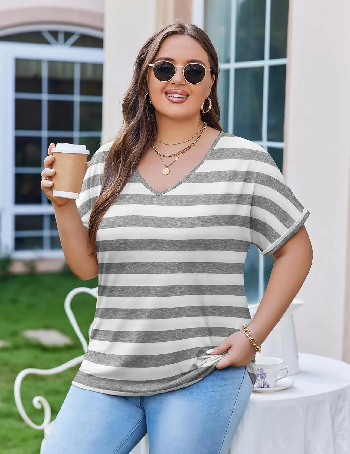 IN'VOLAND Women's Plus Size Tops Short Sleeve Tee Shirt V Neck Loose Fit Striped Shirt Summer Casual Blouses