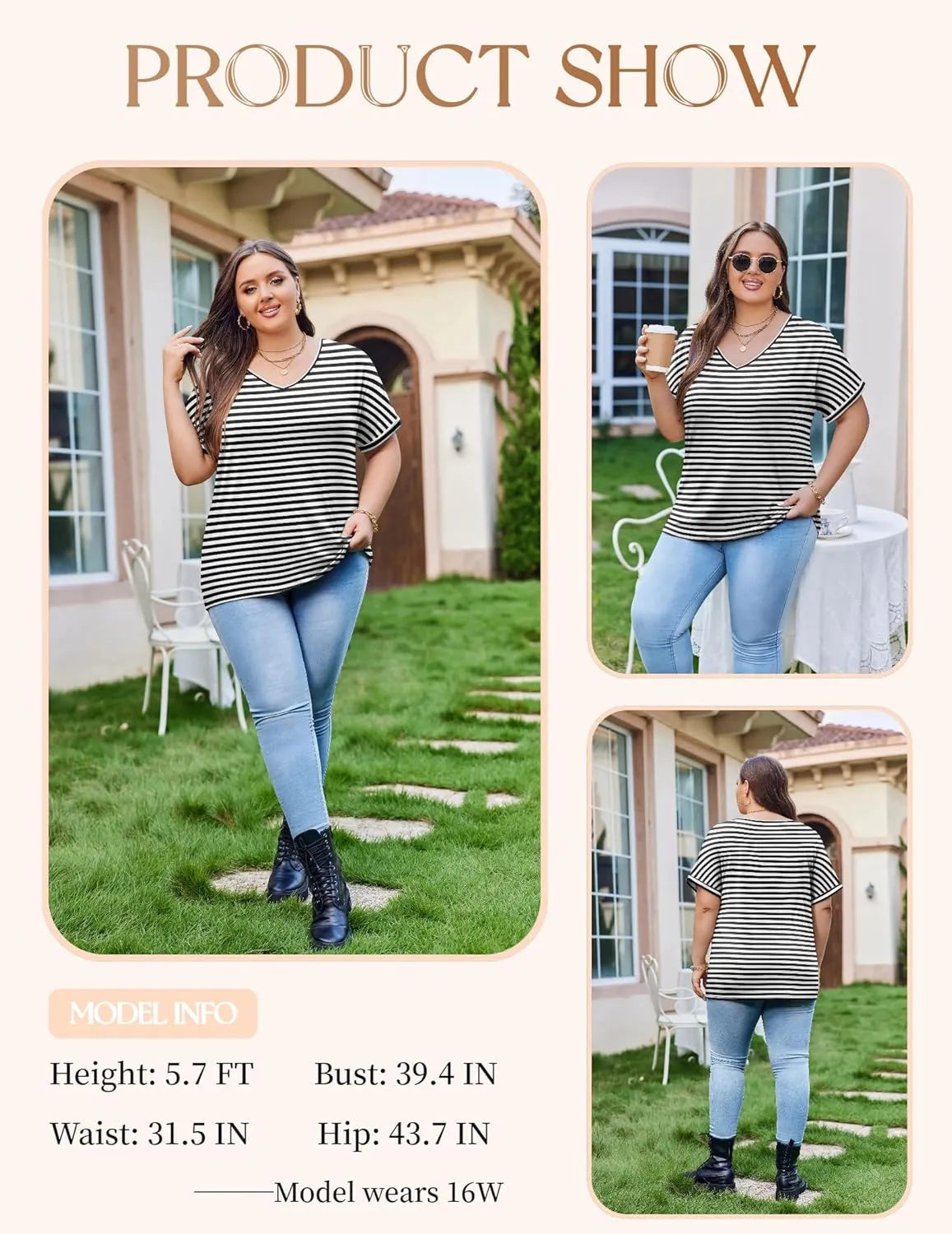 IN'VOLAND Women's Plus Size Tops Short Sleeve Tee Shirt V Neck Loose Fit Striped Shirt Summer Casual Blouses