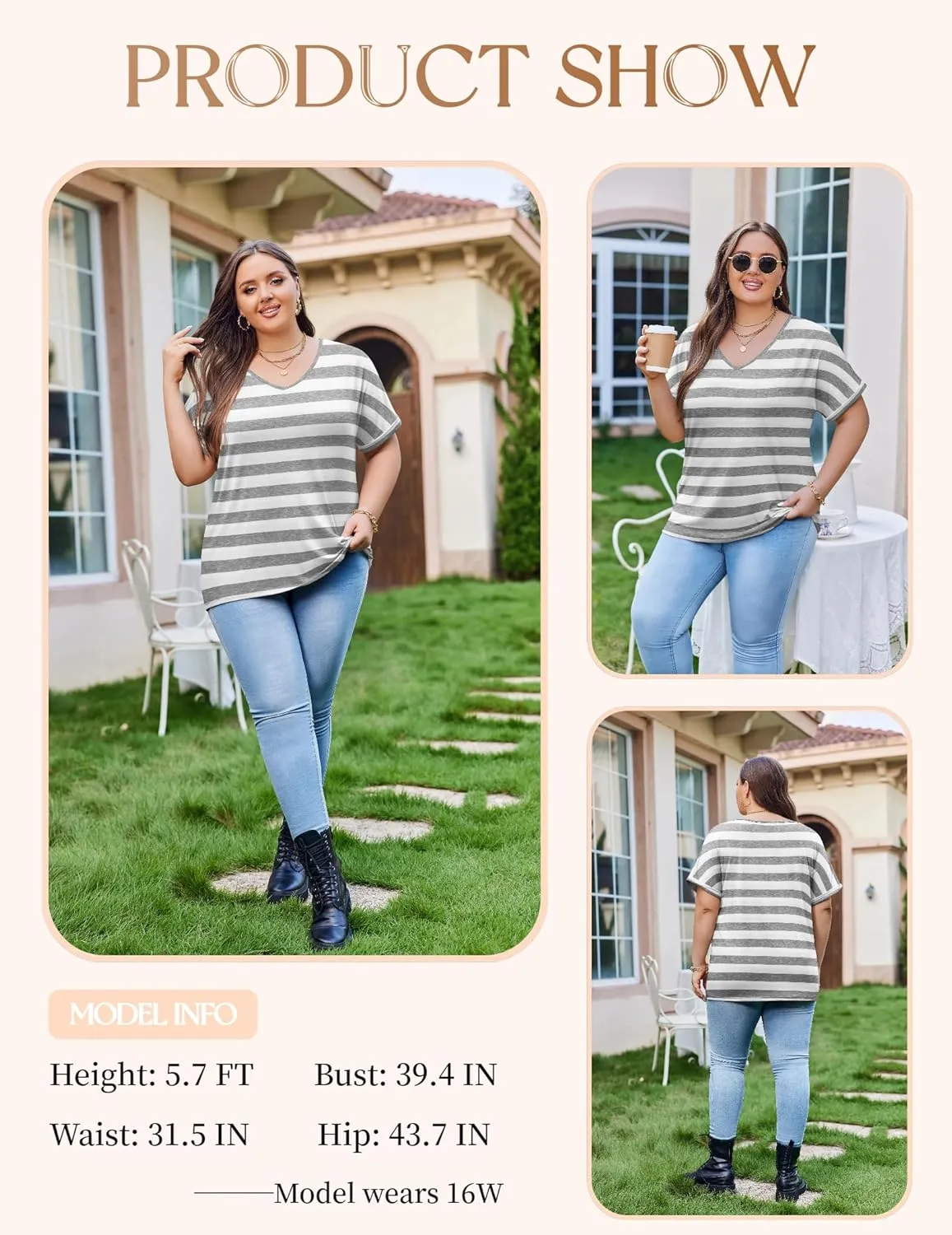 IN'VOLAND Women's Plus Size Tops Short Sleeve Tee Shirt V Neck Loose Fit Striped Shirt Summer Casual Blouses