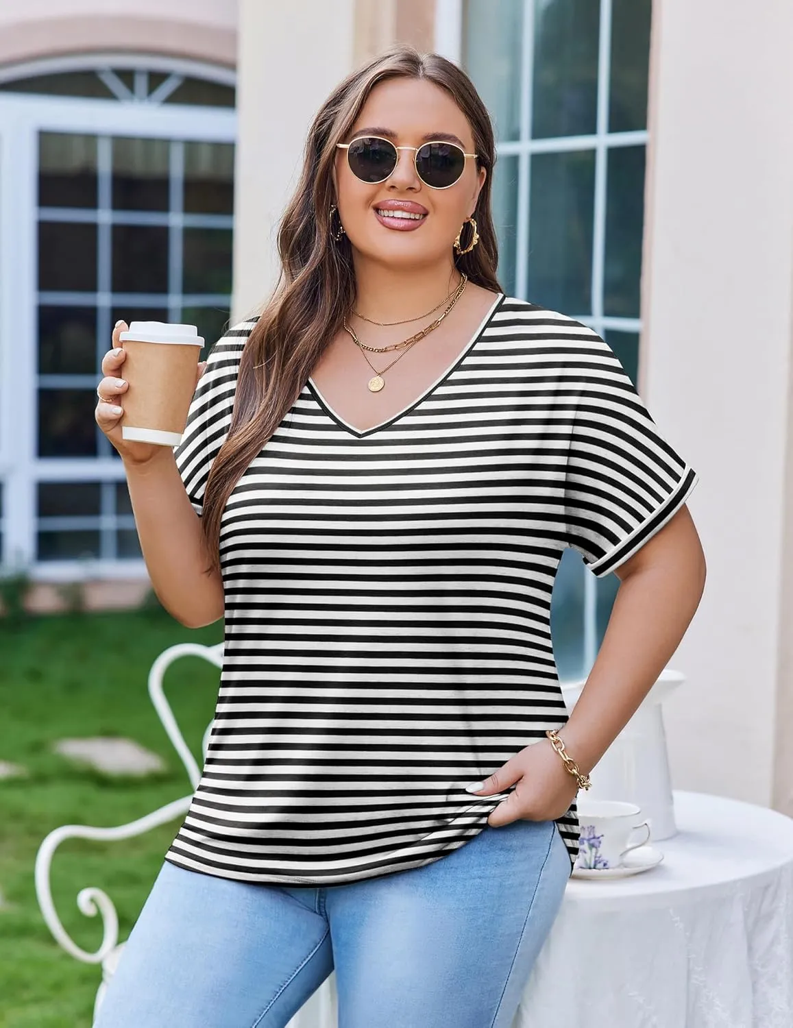 IN'VOLAND Women's Plus Size Tops Short Sleeve Tee Shirt V Neck Loose Fit Striped Shirt Summer Casual Blouses