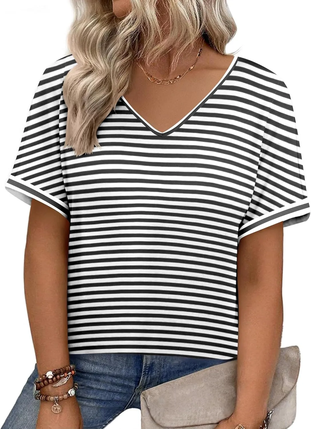 IN'VOLAND Women's Plus Size Tops Short Sleeve Tee Shirt V Neck Loose Fit Striped Shirt Summer Casual Blouses