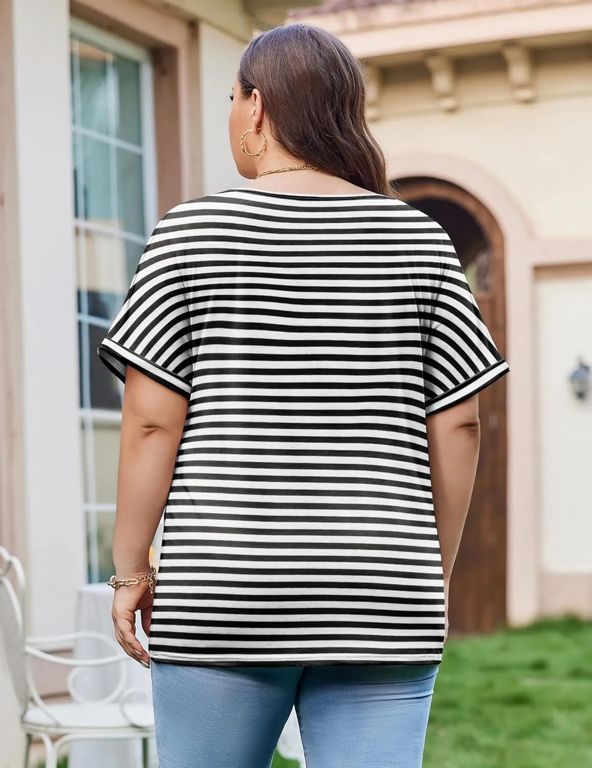 IN'VOLAND Women's Plus Size Tops Short Sleeve Tee Shirt V Neck Loose Fit Striped Shirt Summer Casual Blouses