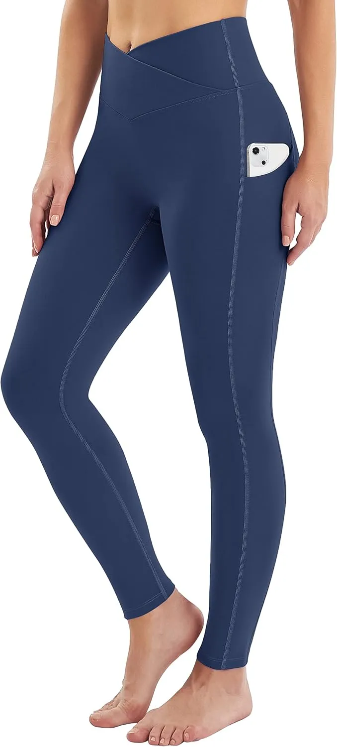 IUGA Women's Crossover Leggings with Pockets Workout Leggings for Women Tummy Control High Waisted V Cross Waist Yoga Pants