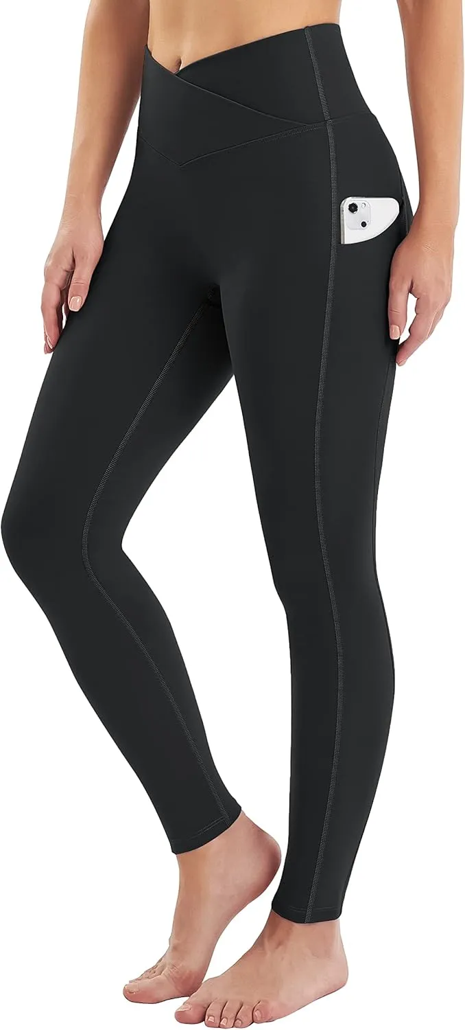 IUGA Women's Crossover Leggings with Pockets Workout Leggings for Women Tummy Control High Waisted V Cross Waist Yoga Pants