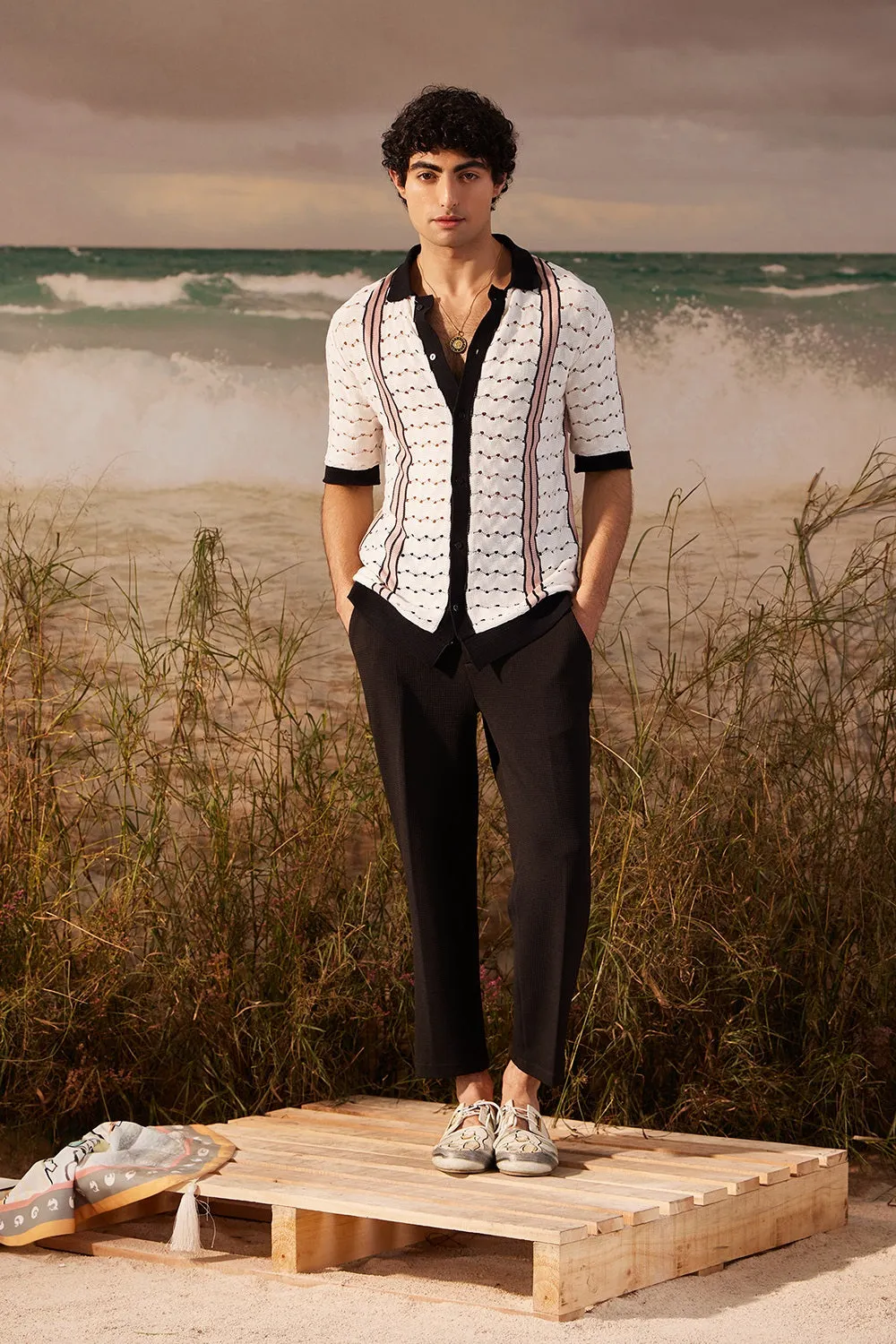 Ivory Open-Knit Button Down Polo