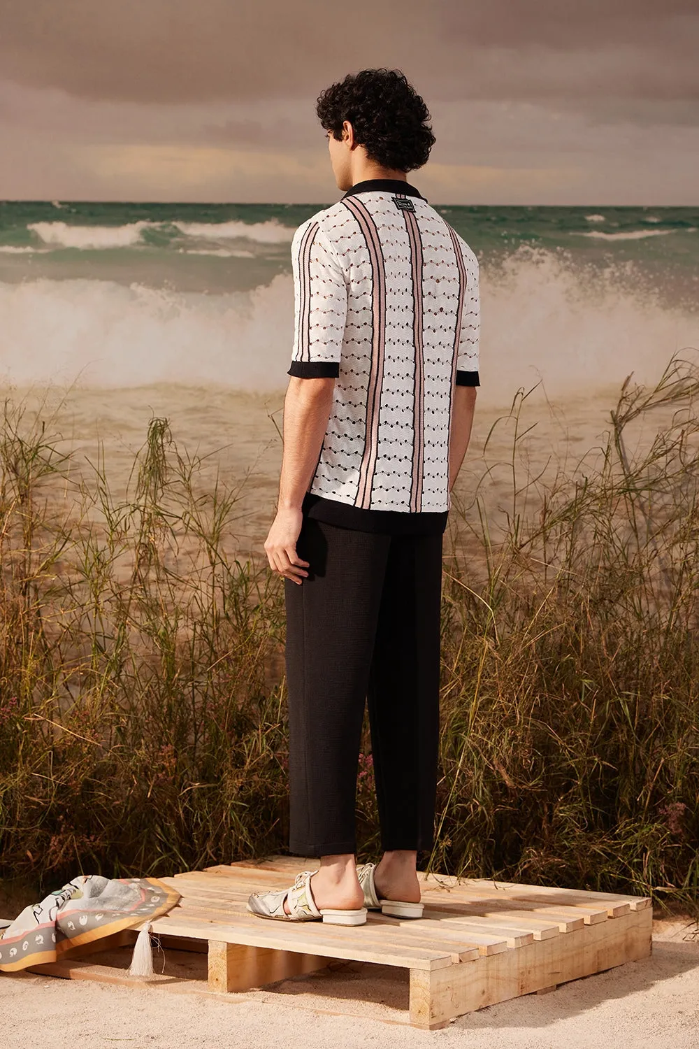 Ivory Open-Knit Button Down Polo