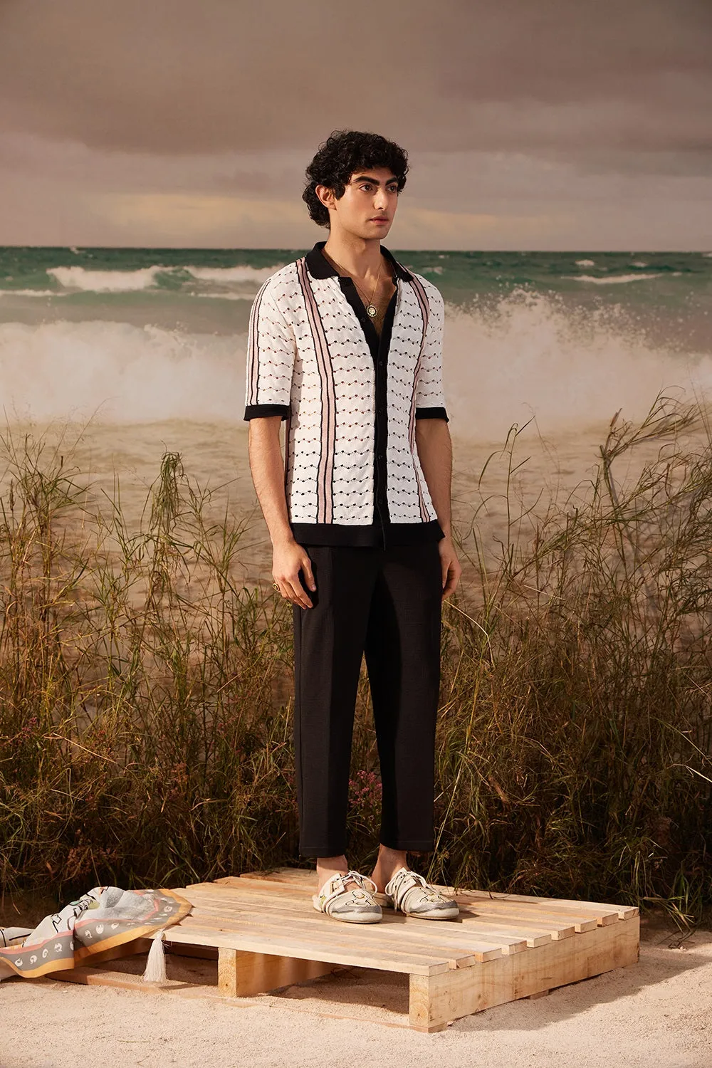 Ivory Open-Knit Button Down Polo