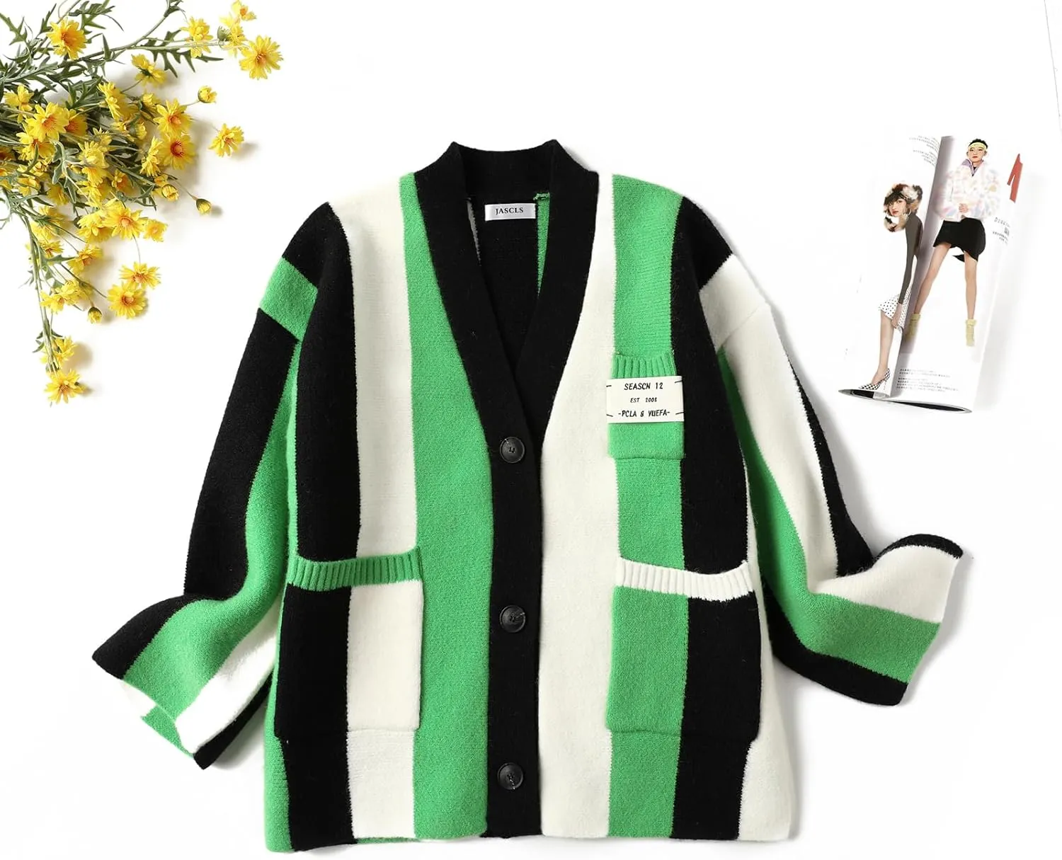 JASCLS Women's Long Sleeve Color Block Chunky Cable Knitted Oversized Sweater Cardigans for Women