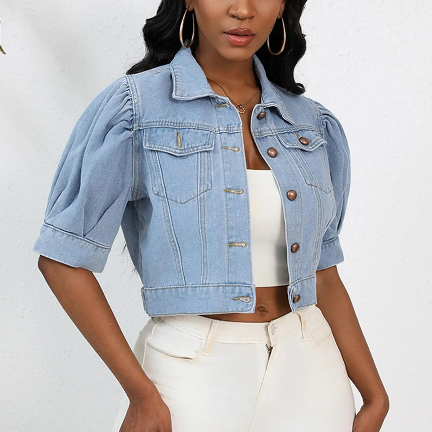 Jean Jacket for Women Trendy Puff Short Sleeve Denim Jackets Lapel Button Down Casual Vintage Lightweight Cropped Coat