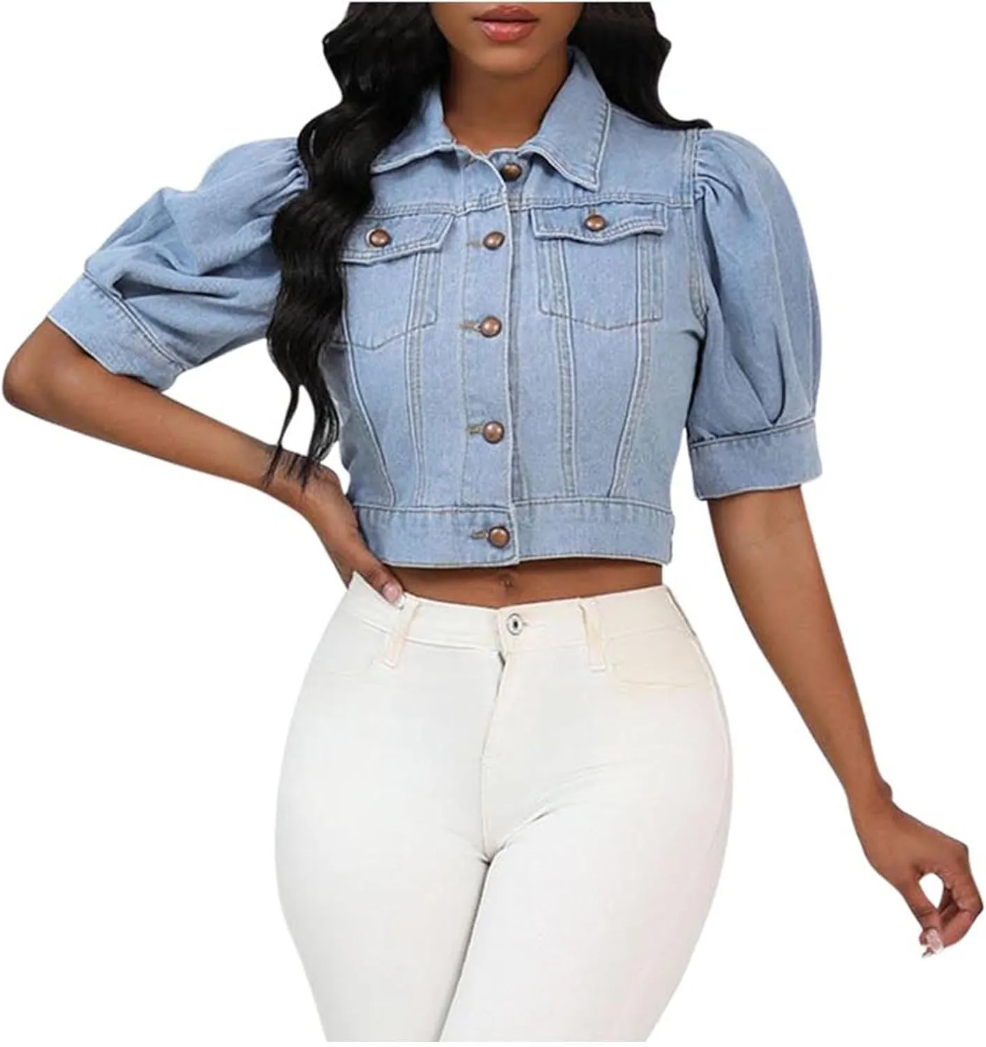 Jean Jacket for Women Trendy Puff Short Sleeve Denim Jackets Lapel Button Down Casual Vintage Lightweight Cropped Coat