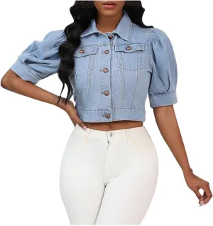 Jean Jacket for Women Trendy Puff Short Sleeve Denim Jackets Lapel Button Down Casual Vintage Lightweight Cropped Coat