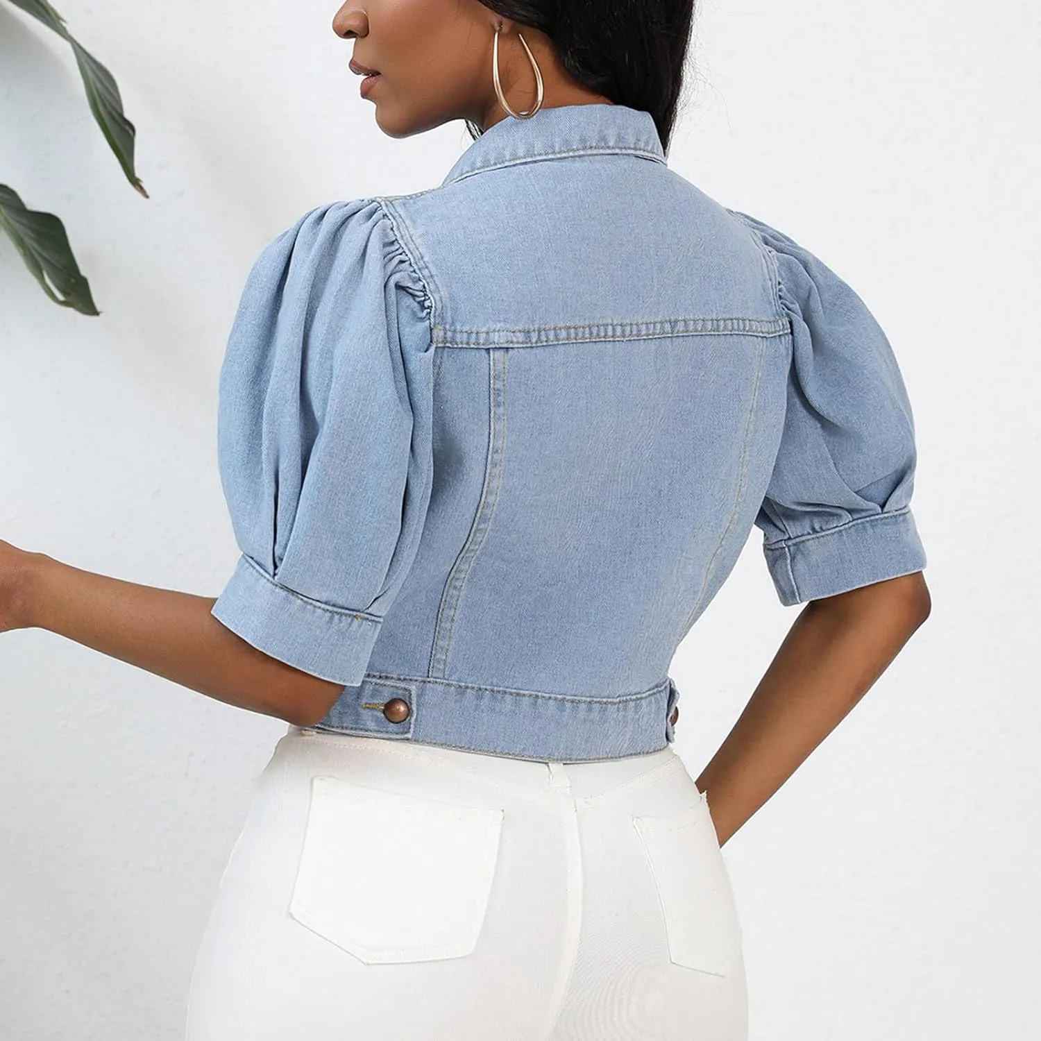 Jean Jacket for Women Trendy Puff Short Sleeve Denim Jackets Lapel Button Down Casual Vintage Lightweight Cropped Coat