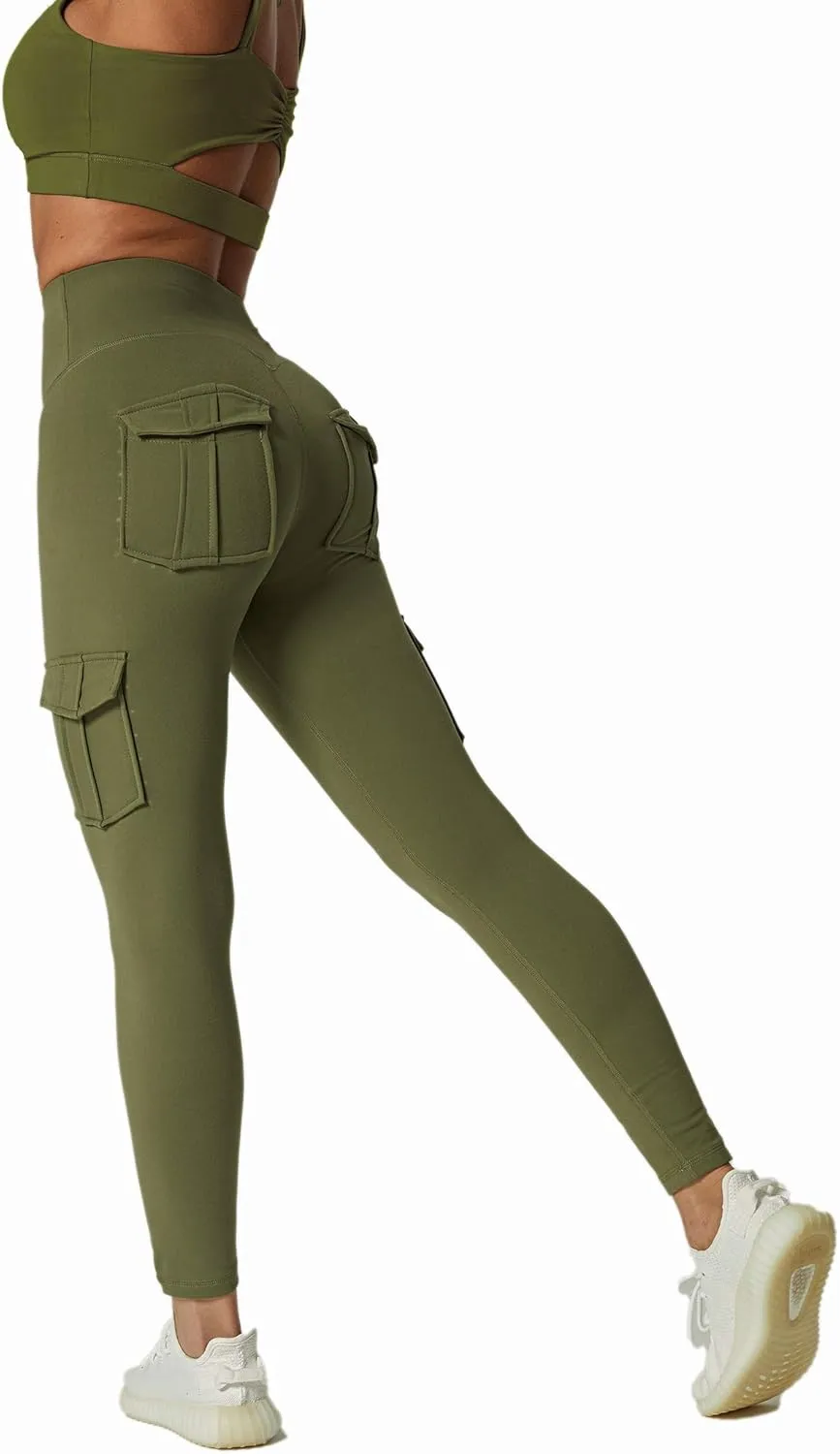 JEGGE High Waist Yoga Leggings with 4 Pockets,Tummy Control Workout Running 4 Way Stretch Cargo Pocket Leggings