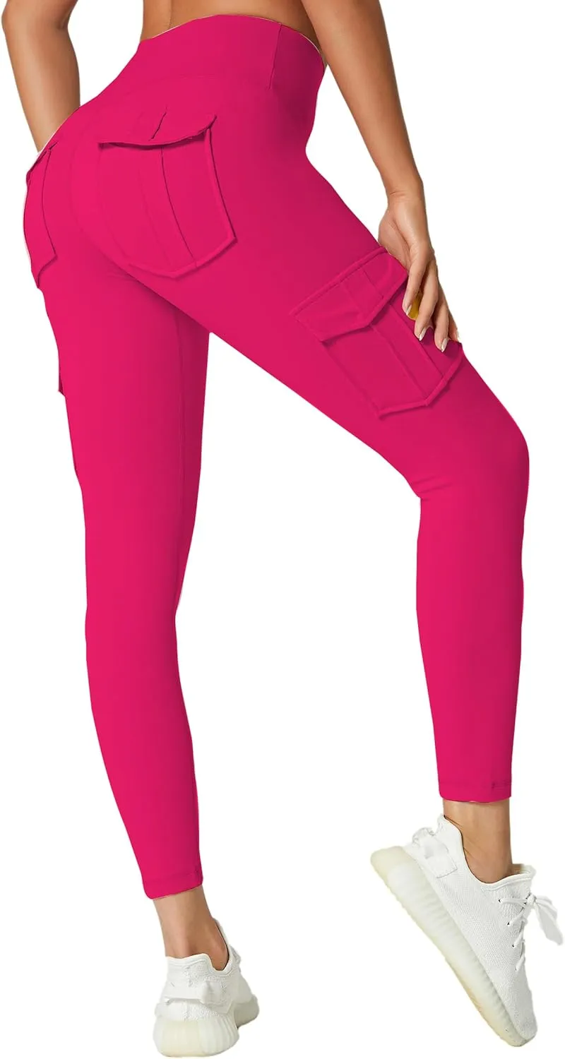 JEGGE High Waist Yoga Leggings with 4 Pockets,Tummy Control Workout Running 4 Way Stretch Cargo Pocket Leggings