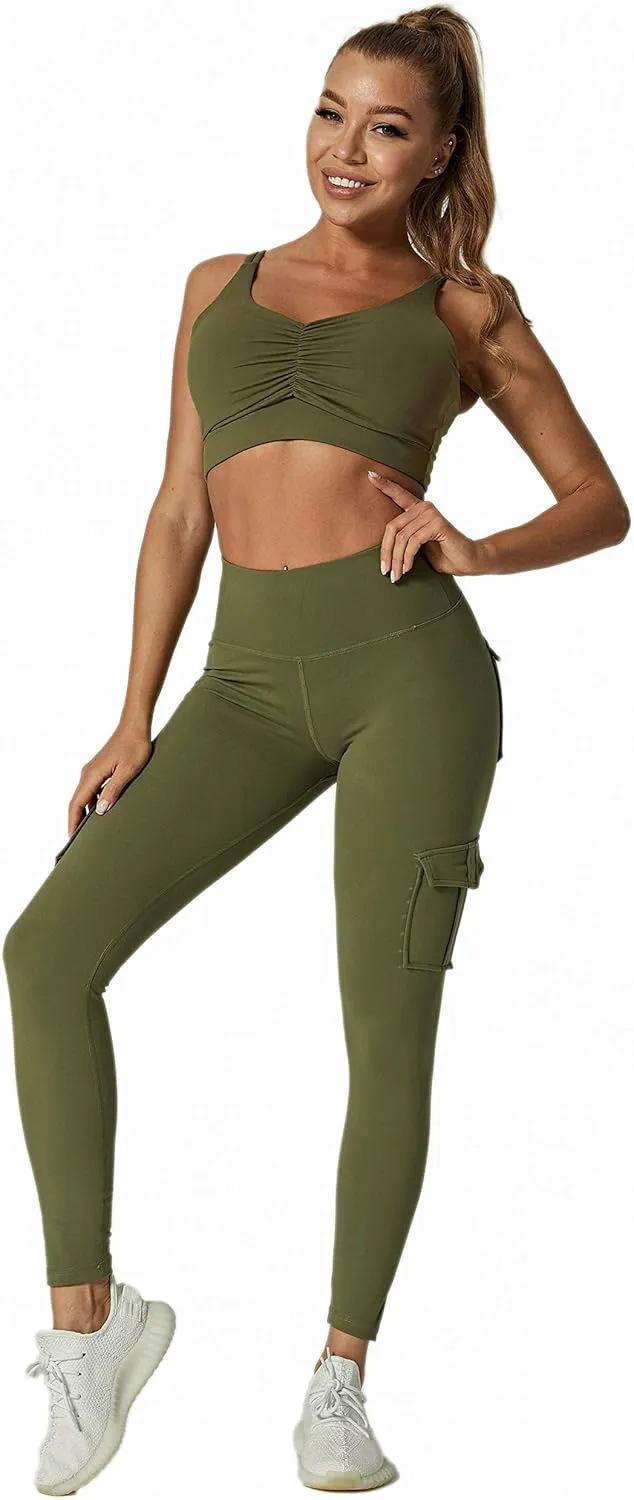 JEGGE High Waist Yoga Leggings with 4 Pockets,Tummy Control Workout Running 4 Way Stretch Cargo Pocket Leggings