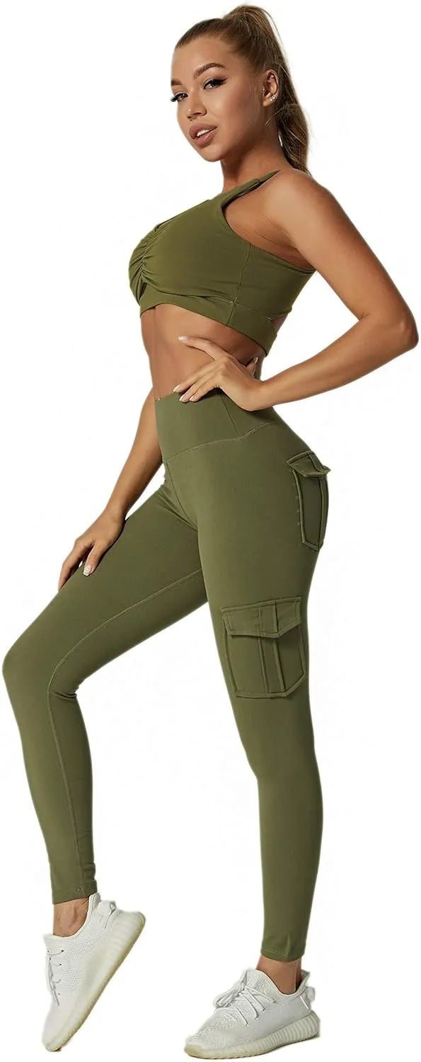 JEGGE High Waist Yoga Leggings with 4 Pockets,Tummy Control Workout Running 4 Way Stretch Cargo Pocket Leggings
