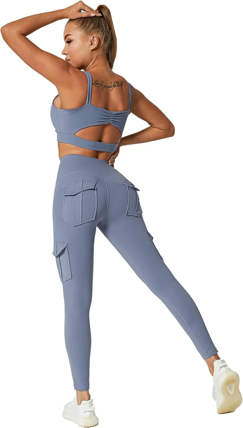 JEGGE High Waist Yoga Leggings with 4 Pockets,Tummy Control Workout Running 4 Way Stretch Cargo Pocket Leggings