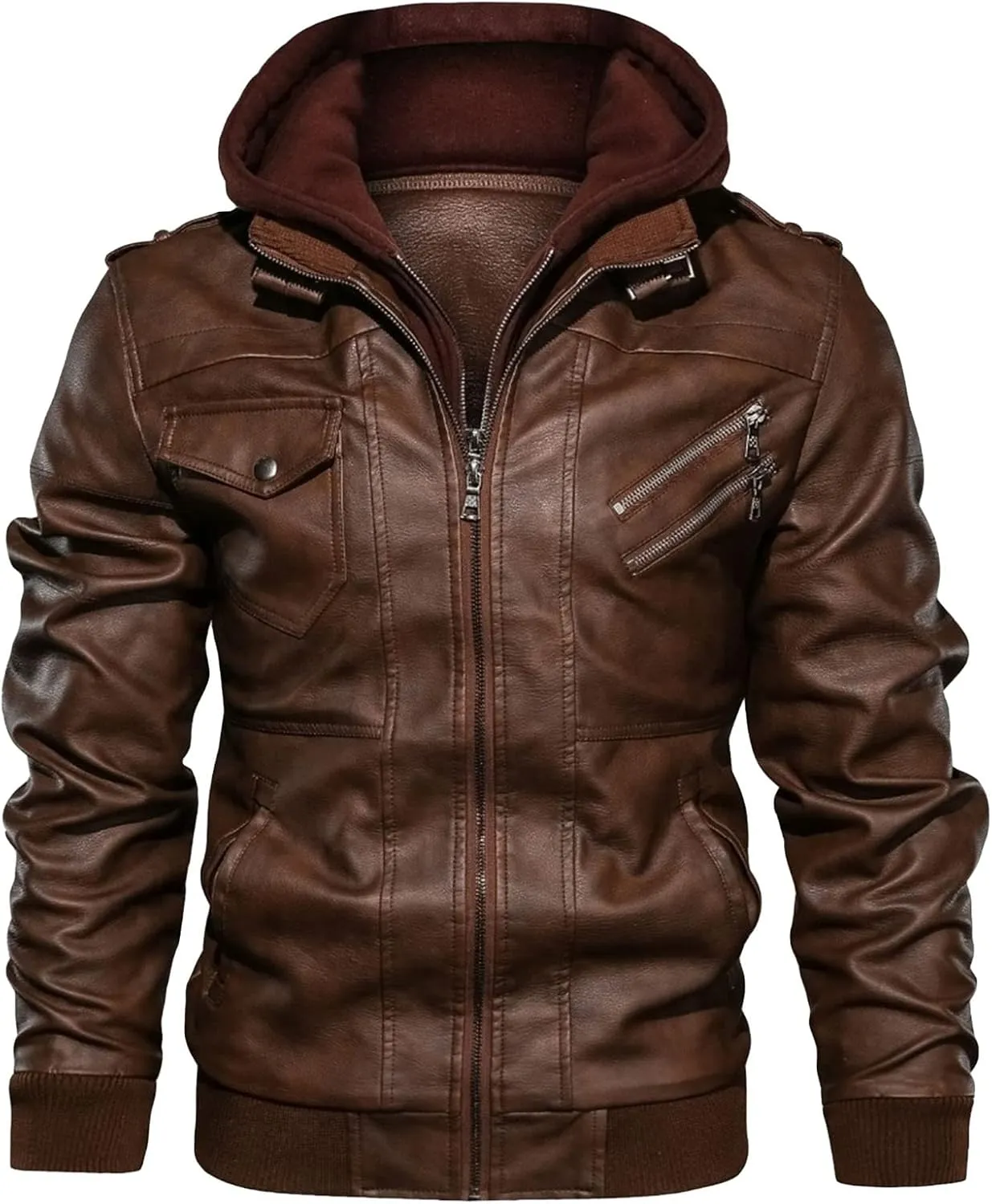 JEShifangjiusu Men'S Faux Leather Bomber Jacket Casual Warm Winter Zip-Up Coat Outwears With Removable Hood Motorcycle Jacket