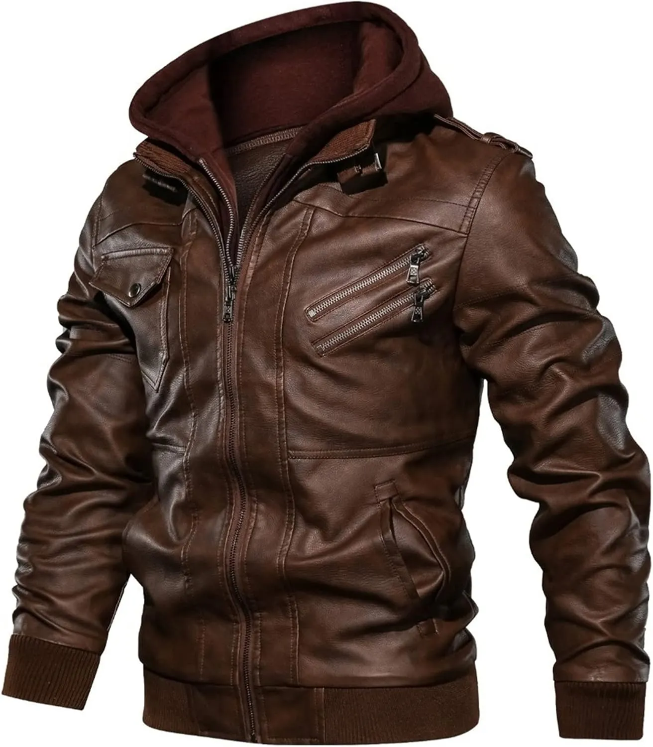 JEShifangjiusu Men'S Faux Leather Bomber Jacket Casual Warm Winter Zip-Up Coat Outwears With Removable Hood Motorcycle Jacket