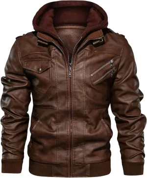 JEShifangjiusu Men'S Faux Leather Bomber Jacket Casual Warm Winter Zip-Up Coat Outwears With Removable Hood Motorcycle Jacket