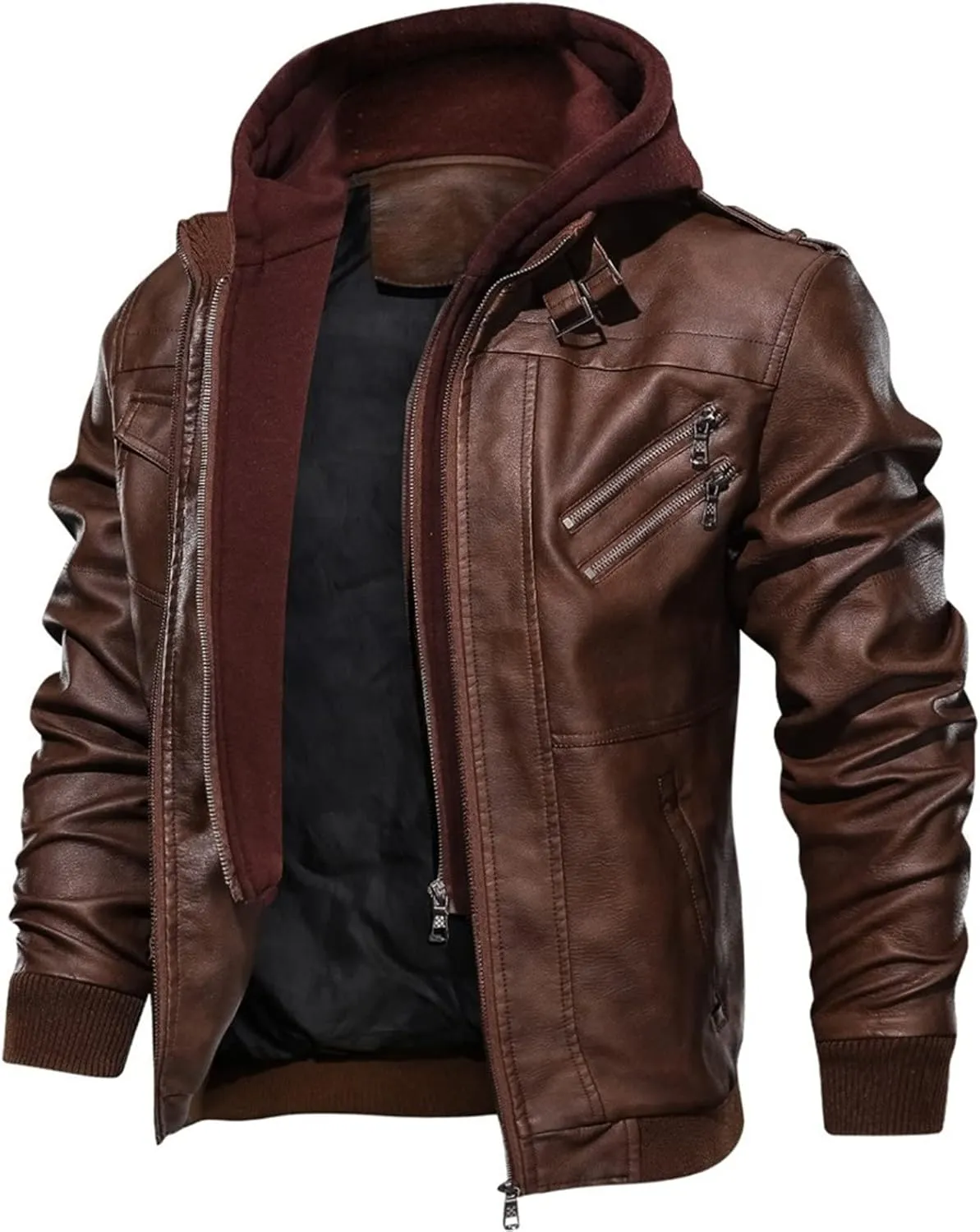 JEShifangjiusu Men'S Faux Leather Bomber Jacket Casual Warm Winter Zip-Up Coat Outwears With Removable Hood Motorcycle Jacket