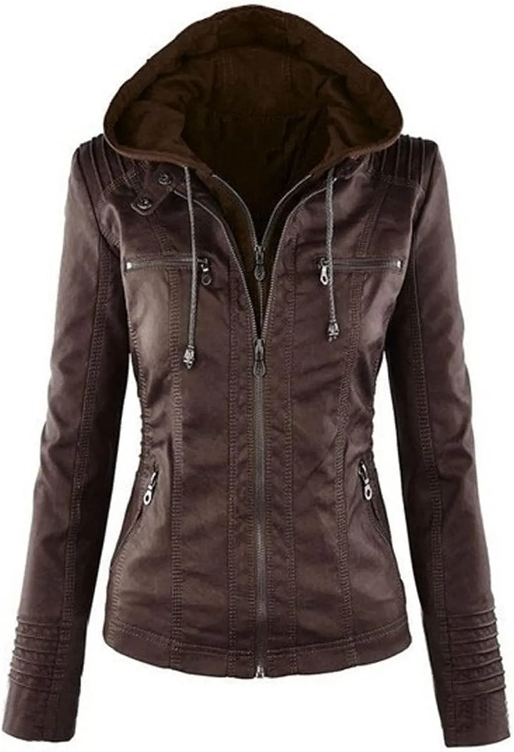 JEsilunmaMY Women's Hooded Leather Jacket Long Sleeve Zip Up Short Biker Coat with Pocket Slim Fit Motorcycle Bomber Outwear