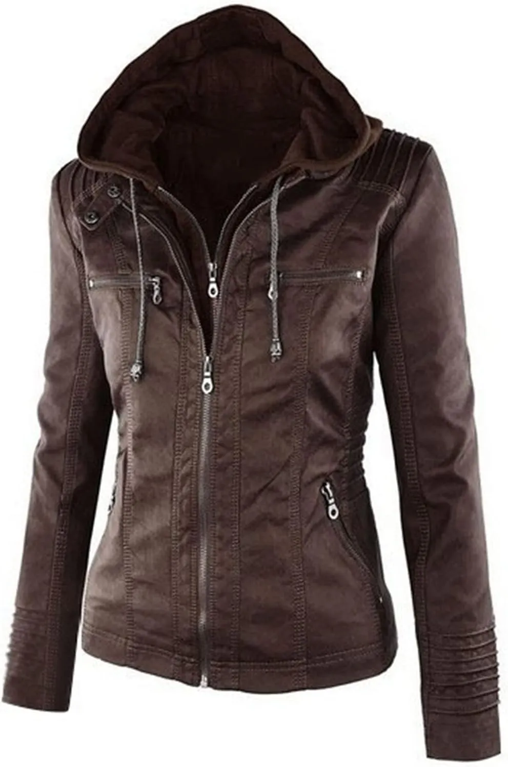 JEsilunmaMY Women's Hooded Leather Jacket Long Sleeve Zip Up Short Biker Coat with Pocket Slim Fit Motorcycle Bomber Outwear