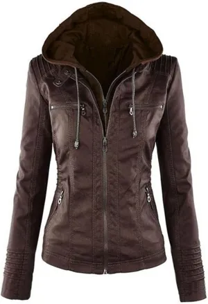JEsilunmaMY Women's Hooded Leather Jacket Long Sleeve Zip Up Short Biker Coat with Pocket Slim Fit Motorcycle Bomber Outwear