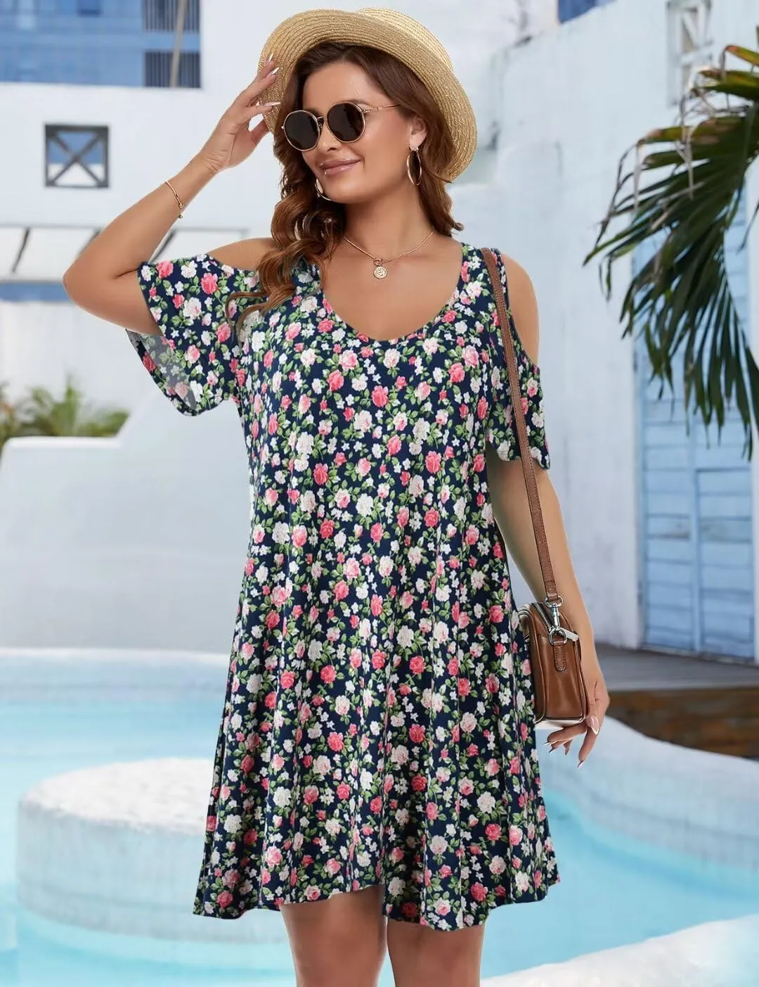 JollieLovin Womens Plus Size Short Sleeve Cold Shoulder V Neck T-Shirt Dress with Pockets