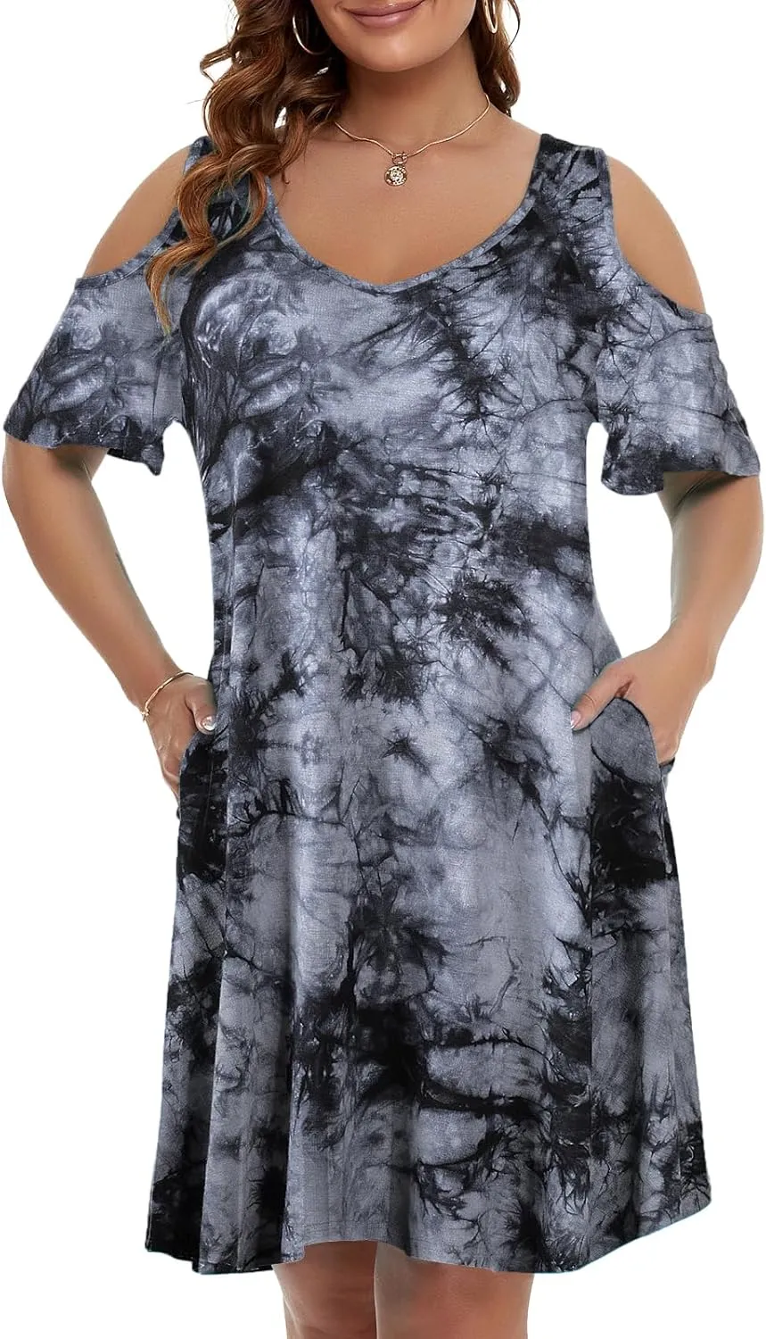 JollieLovin Womens Plus Size Short Sleeve Cold Shoulder V Neck T-Shirt Dress with Pockets
