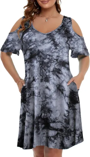 JollieLovin Womens Plus Size Short Sleeve Cold Shoulder V Neck T-Shirt Dress with Pockets