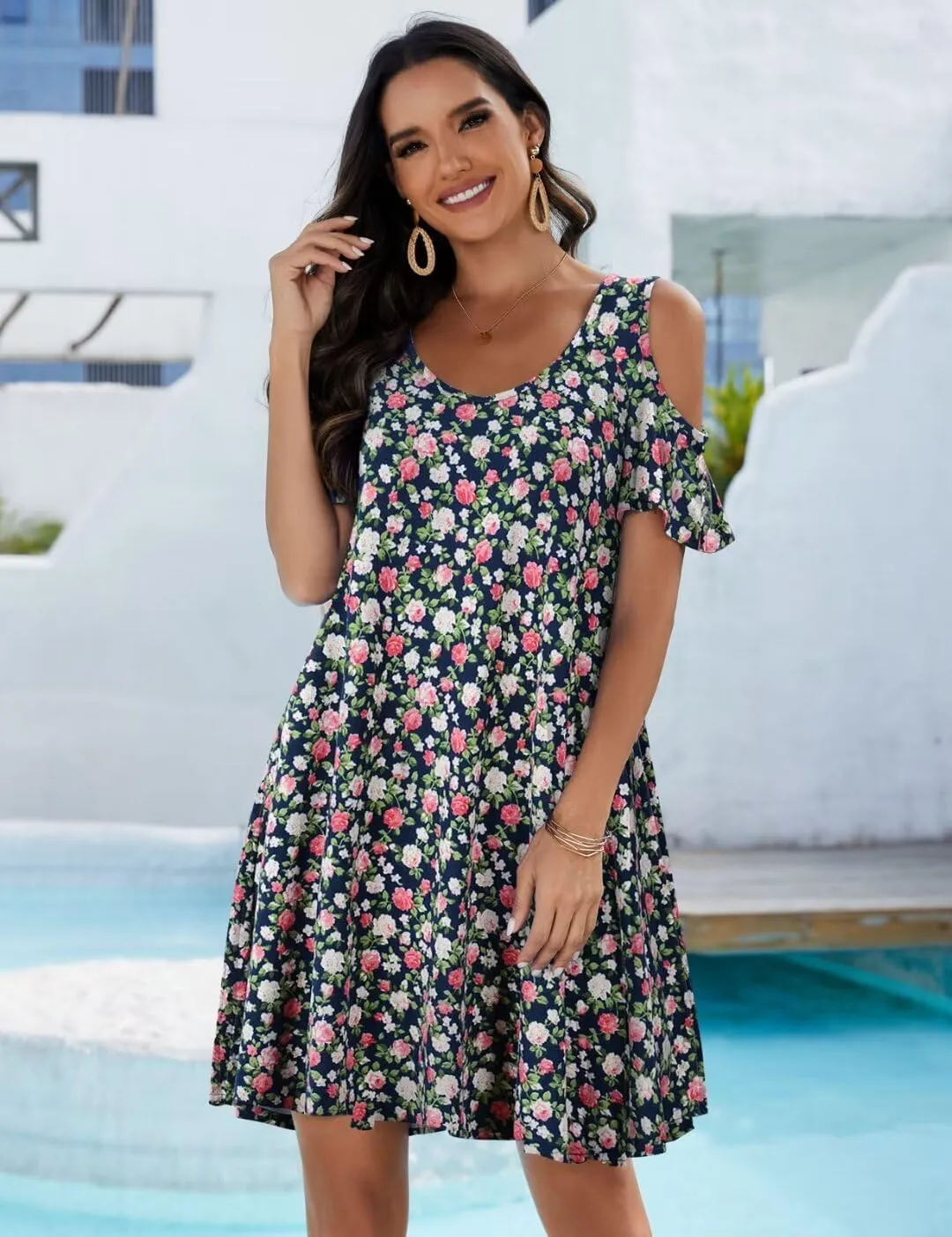 JollieLovin Womens Plus Size Short Sleeve Cold Shoulder V Neck T-Shirt Dress with Pockets