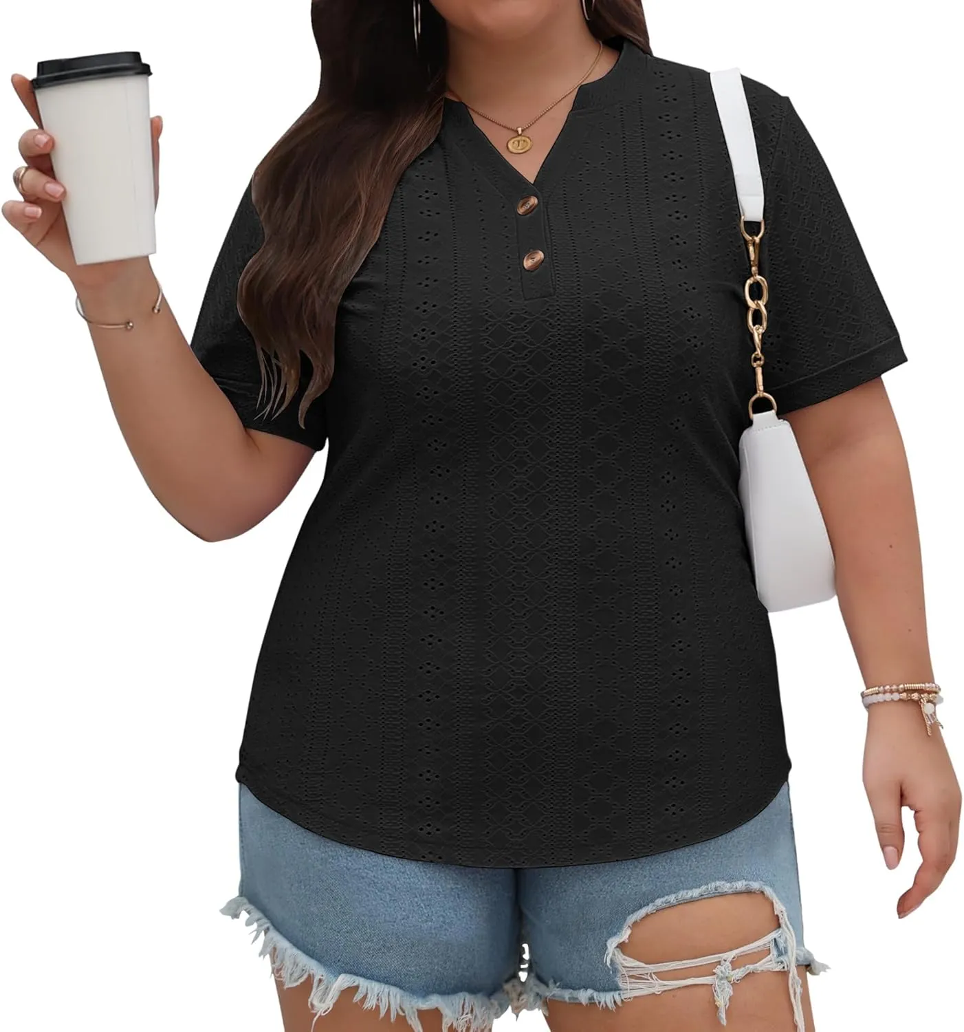 KARALIN Womens Plus Size Tops Roll Short Sleeve V Neck Perforated Buttons Up Tee