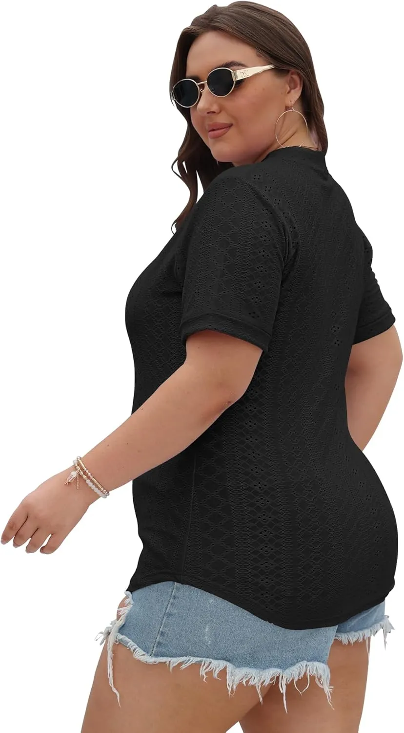 KARALIN Womens Plus Size Tops Roll Short Sleeve V Neck Perforated Buttons Up Tee