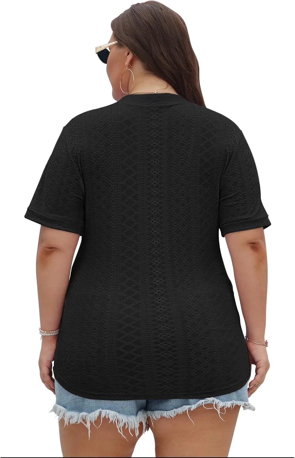 KARALIN Womens Plus Size Tops Roll Short Sleeve V Neck Perforated Buttons Up Tee