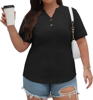 KARALIN Womens Plus Size Tops Roll Short Sleeve V Neck Perforated Buttons Up Tee