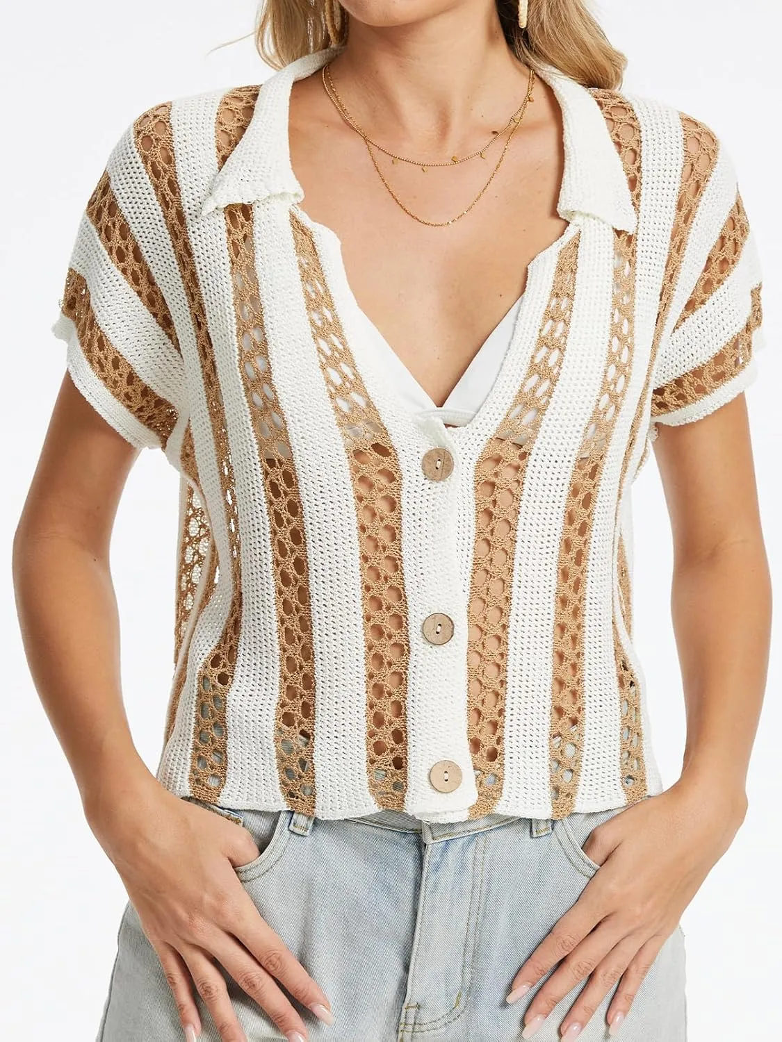 KEOMUD Women's Summer Crochet Cardigan Stripe Button Down Short Sleeve Shrugs Hollow Out Knit Crop Tops