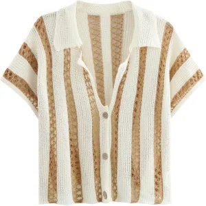 KEOMUD Women's Summer Crochet Cardigan Stripe Button Down Short Sleeve Shrugs Hollow Out Knit Crop Tops