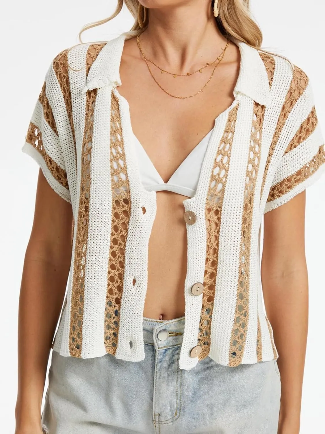 KEOMUD Women's Summer Crochet Cardigan Stripe Button Down Short Sleeve Shrugs Hollow Out Knit Crop Tops