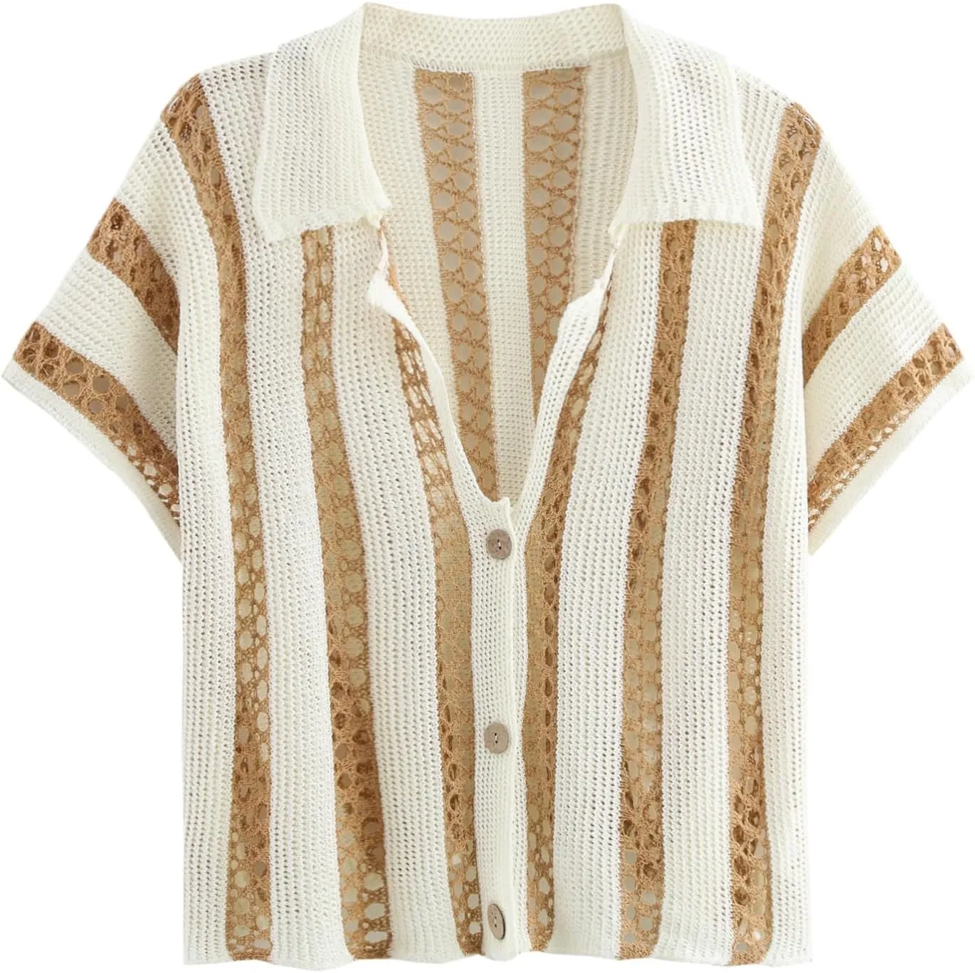KEOMUD Women's Summer Crochet Cardigan Stripe Button Down Short Sleeve Shrugs Hollow Out Knit Crop Tops