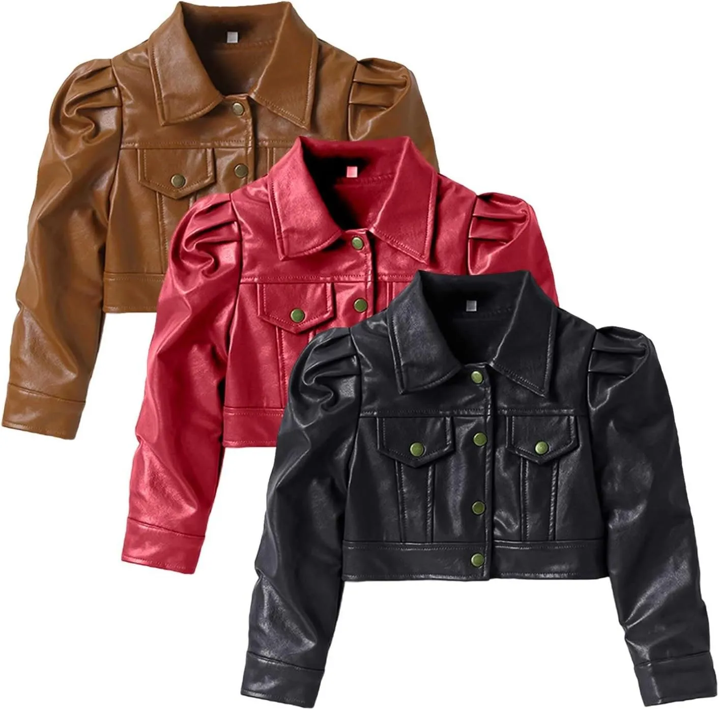 Kids Toddler Girls Faux Leather Jacket Coat Bubble Sleeve Button Down Crop Motorcycle Outwear Girl Fall Fashion Clothes