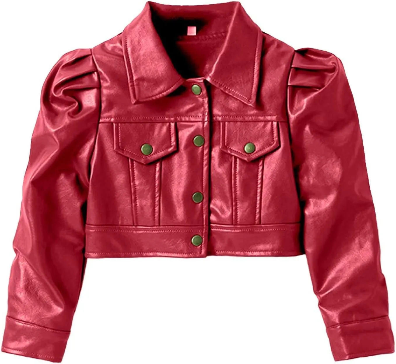 Kids Toddler Girls Faux Leather Jacket Coat Bubble Sleeve Button Down Crop Motorcycle Outwear Girl Fall Fashion Clothes