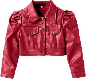 Kids Toddler Girls Faux Leather Jacket Coat Bubble Sleeve Button Down Crop Motorcycle Outwear Girl Fall Fashion Clothes