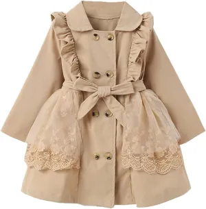 Kids Toddler Girls Ruffles Long Sleeve Trench Coat Double Breasted Lace Edge Outwear Girls Winter Jacket Baby Girl