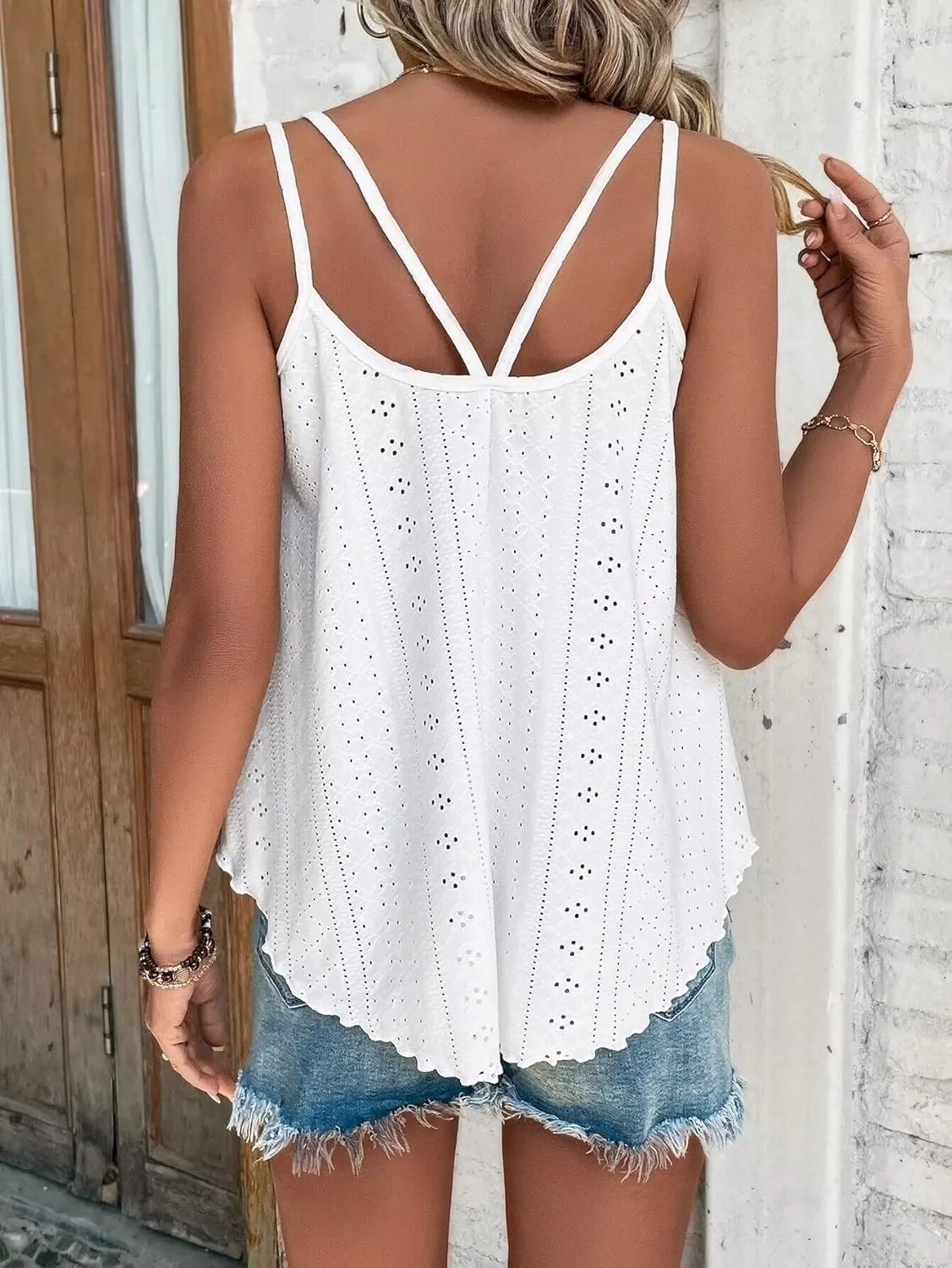 KKJ Womens Cute Tank Tops Eyelet Sleeveless Spaghetti Strap Scoop Neck Loose Casual 2025 Summer Beach Vacation Flowy Shirts