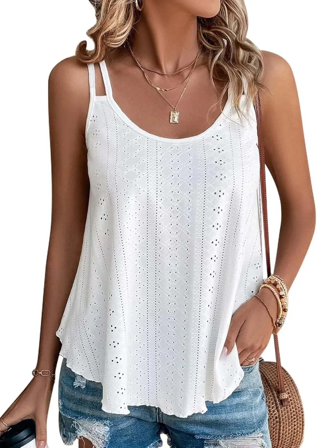 KKJ Womens Cute Tank Tops Eyelet Sleeveless Spaghetti Strap Scoop Neck Loose Casual 2025 Summer Beach Vacation Flowy Shirts